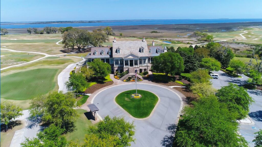 Elegant clubhouse overlooking golf course at Colleton River Club