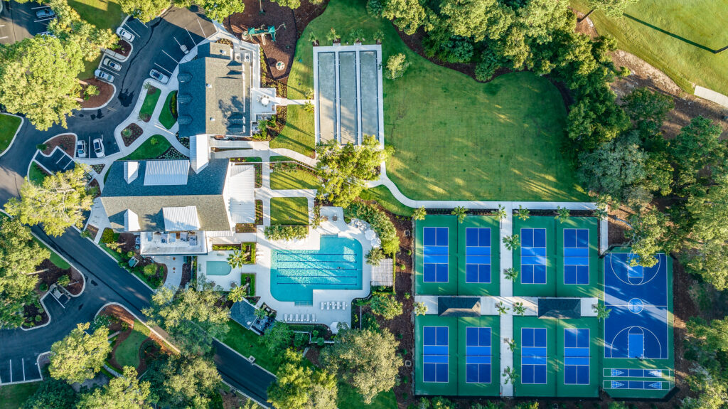 Aerial view of Colleton River Club’s Sports & Wellness Complex, including pool and racket courts